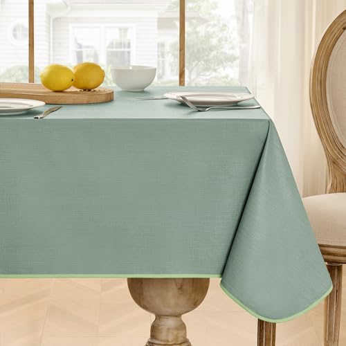 Image of Softalker Spring Vinyl Tablecloth Rectangle, Outdoor 100% Waterproof Oil Proof Plastic Edge Binding Table Cloth, Heavy Duty Wipeable PVC Table Covers for Picnic Dining Party - 54 x 78 Inch, Sage