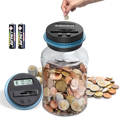 SUNJULY Digitale Spardose mit Zähler, 1.8L Spardose Groß, Elektronisch Sparschwein mit LCD Display Euro Geld Sparen, Transparente Münzzähler Automatisch, Geschenk für Kinder und Erwachsene (Blau)
