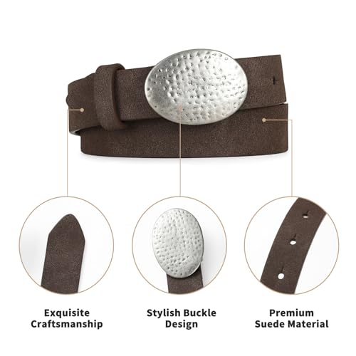 Women’s Suede Leather Belt Dark Brown Boho Waistband with Silver Round Buckle for Dresses, Jeans, Coastal Styling4