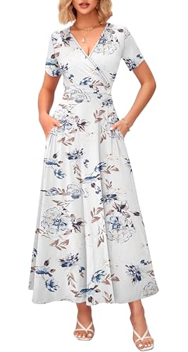 Image of WNEEDU Women's Summer Maxi Dress Short Sleeves Wrap V Neck Long Dresses with Pockets