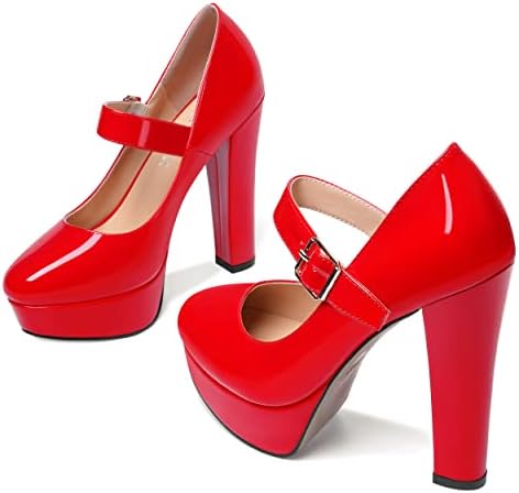 SHOWFOREST Women's Platform Party Round Toe Block Patent 5 Inch Slip On Sexy Adjustable Strap High Heel Pumps Shoes Red Size 8 - Sandalias de Mujer de Tacon Bajo | Image 5