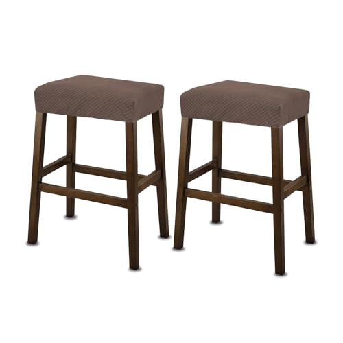 Image of NeColorLife Rectangle Bar Stool Covers Waterproof,Light Coffee,2 Pack | Stretch Saddle Seat Covers for Counter Height, Kitchen Island, and Vanity Bar Stools,Protecting Seats from Daily Wear