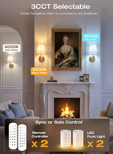 Image of CLOUDY BAY 10000mAh Battery Operated Wall Sconces,Up to 100 Hours with Rechargeable RGB Dimmable Magnetic Bulb,Cordless Wall Lighting Fixtures with Remote for Bedroom,Soft Gold,2 Pack-12inch