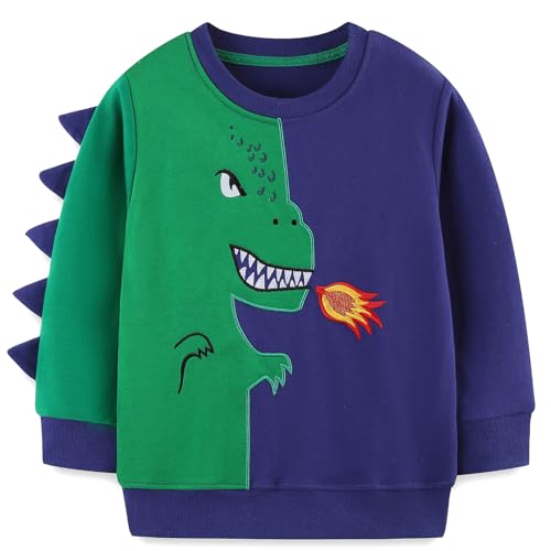 Bumeex Toddler Boy Dinosaur Sweatshirts Clothes 100% Cotton Long Sleeve Crewneck Pullover Cute Dinosaur Shirt Fall Winter Tops Outfits Clothing for Daily School or Gift 4T