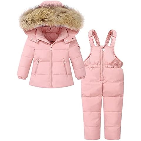 DISAUR Baby Girl Snowsuit Down Jacket Toddler Girls' Windproof Snow Wear,Kids Coat Hooded With Warm Snowbib Pants Skiing Set (Pink,2-3T) Cover