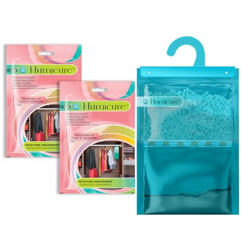 Image of Humicure Moisture Absorber Dehumidifier with 1 Litre Absorption Capacity; Prevents Wardrobe, Bathroom, Kitchen and Bedroom from Mould & Fungus (Pack of 2, 400gram each, Rose & Lavender)