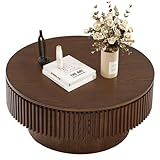 Round Coffee Table with Storage, Small Solid Wood Coffee Table for Living Room, Mid Century Modern Circle Center Tables for Small Space Apartment (31.5''D×14''H-Walnut)