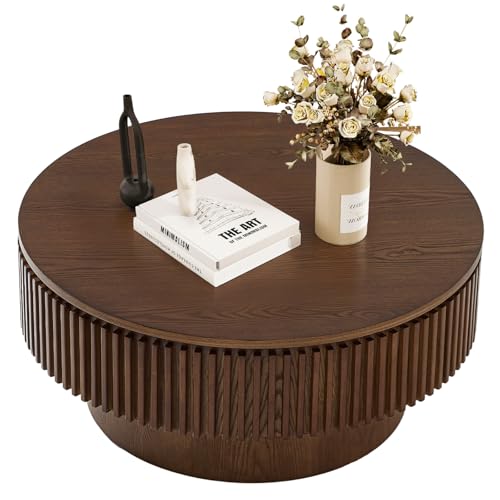 LKTART Round Coffee Table for Living Room, Accent Fluted Drum Coffee Table with Storage, Modern...