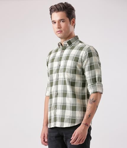 Image of TURMS Men's Casual Checks Shirts, Odor Control, Moisture Wicking, Button Down Collar, Cool Tech Cotton Fabric, Tailored Fit, Full Sleeve