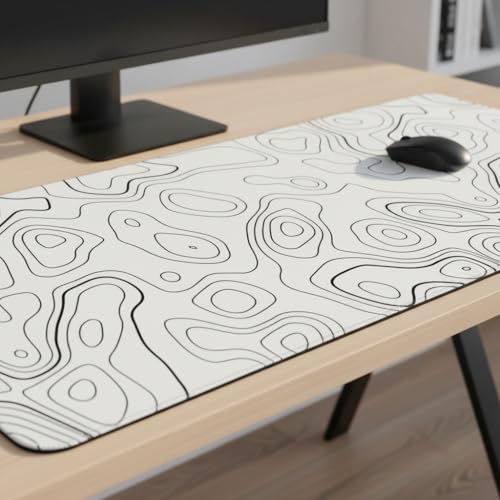 Image of White Abstract Contour Line Extended Desk Mat (305 x 813 mm) - 3mm Thick Premium Rubber Base Mouse Pad for Office, Gaming & Work Setup