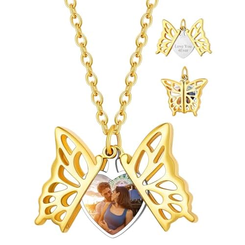 Custom4U Personalized Heart Locket Necklace with Pictures,Sunflower/Angel Wings/Heart Shaped Lockets Custom Photo,Gold/Rose Gold/White Lockets That Holds Picture,Customized Memorial Jewelry