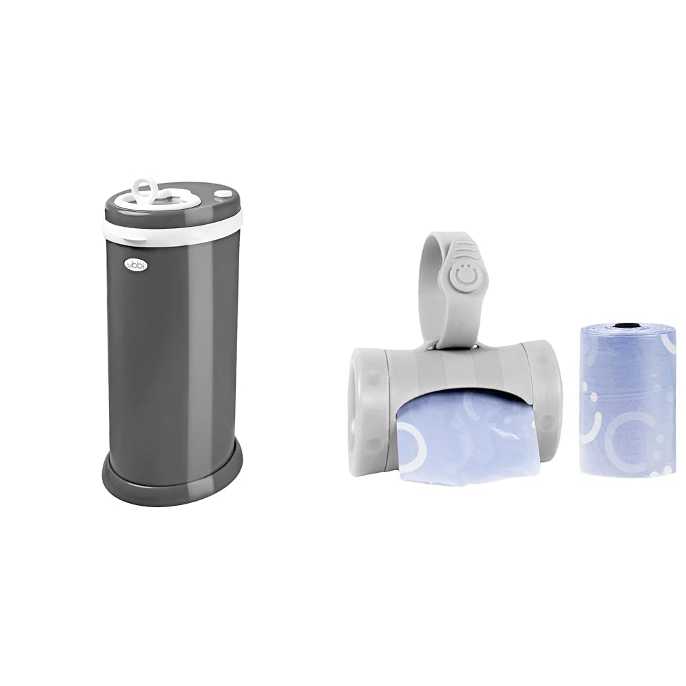 Ubbi Steel Diaper Pail & On The Go Bag Dispenser with Lavender Bags for Nursery Must-Have Registry