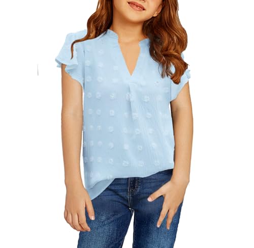 Girls Shirts Short Sleeve Chiffon Shirts Swiss Dot Blouses Top Teen Girls V-Neck Tunics Tee Size 9-14 Years