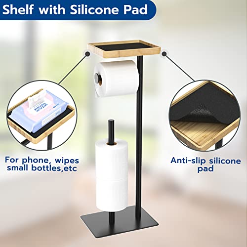 Susswiff Toilet Paper Holder Stand With Bamboo Top Storage Shelf, Black Toilet Paper Roll Holder Free-Standing, Floor Standing Toilet Roll Dispenser Storages 4 Reserve Rolls #TOP1