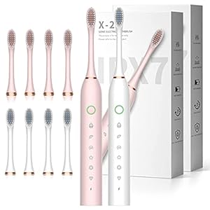 Electric Toothbrush with 8 Brush Heads, 42000vpm 6 Modes IPX7 Waterproof, Soft Electric Toothbrush for Adults – 2 Pack, White+Pink