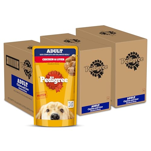 Image of Pedigree Adult Wet Dog Food, Chicken & Liver Chunks in Gravy, 130 g (Pack of 36), Complete & Balanced Meal for Adult Dogs