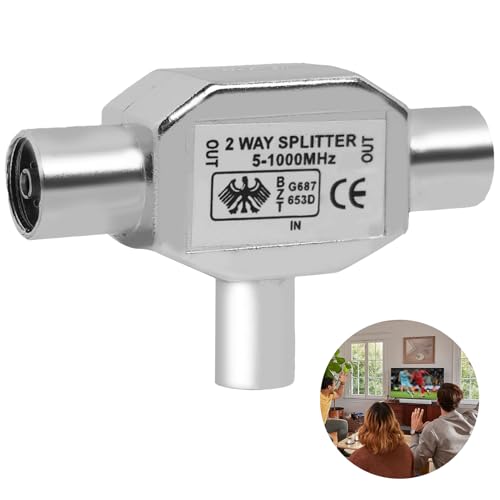 TV Aerial Splitter 2 Way (1 Male to 2 Female), Digital Signal Antenna Splitter T/F Type Adapter Connector Socket to RF Coax Aerial Adapter for Ariel Coaxial Cable Shielded Metal Housing in Argent