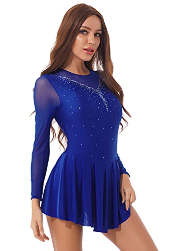 CHICTRY Femme Robe de Danse Salsa Latine Rumba Samba Robe Manches Longues en Maille Transparente Robe Décoré Strass Brillant Robe Moulante Ajustée Tenue sur Scène S-XL Bleu Royal XL