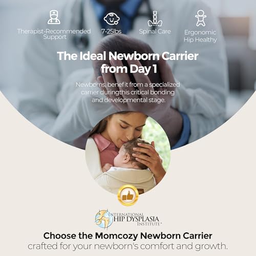 Image of Momcozy Newborn Carrier WeeSnug- Lightweight and Cozy Comfort for 7-25 lbs, Ergonomic Cross-Back Support, Effortless to Put On, Hands-Free Baby Carrier with Lumbar Support, Khaki