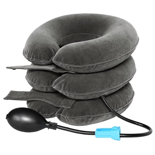 Cervical Neck Traction Device Inflatable Neck Stretcher Support Brace Adjustable Support Pillow Traction Collar for Chronic Shoulder Pain Relief Brace Spine Alignment Decompression Relaxer Grey
