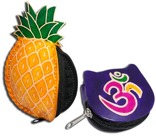Leather Coin Pouch Mini Purse Wallet Bag with Zipper Multipurpose Christmas Gift for Women Girls (Pineapple & Purple Om)