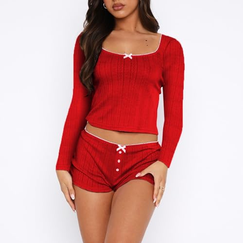 Image of Women's Two Piece Outfit Lace Trim Top and Shorts Set 2 Piece Lounge Sets Ladies PJs Summer Clothes