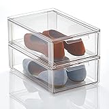 mDesign Plastic Stackable Closet Storage Box with Pull-Out Drawer - Container for Organizing Men's and Women's Shoes, Sandals, Wedges, Flats, Heels, Accessories - 4.25' High, 2 Pack - Clear