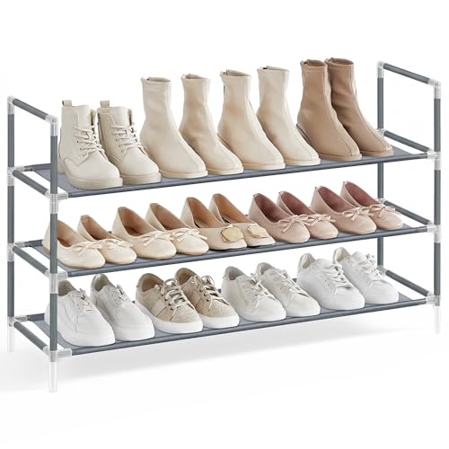SONGMICS 3-Tier Shoe Rack, Shoe Storage for Hallway Closet, Slim and Space-Saving, Metal Frame, Non-Woven Fabric Shelves, Grey ULSH053G01V1 Grey 3 Tiers (38.8"W)