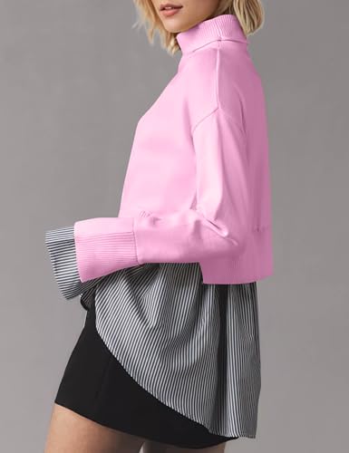 Image of MISSACTIVER Women Slit Turtleneck Patchwork Sweater 2 in 1 Buttons Down Pullover Knit Sweater Asymmetrical Hem Shirt Top