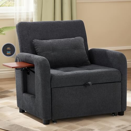 COLAMY Convertible Sleeper Chair-Fabric Futon Sofa Bed, Single Sleeper Sofa, Small Couch Bed with USB Port, Foldable Table, Pillow, Adjustable Backrest for Dorm/Bedroom/College Darkgrey
