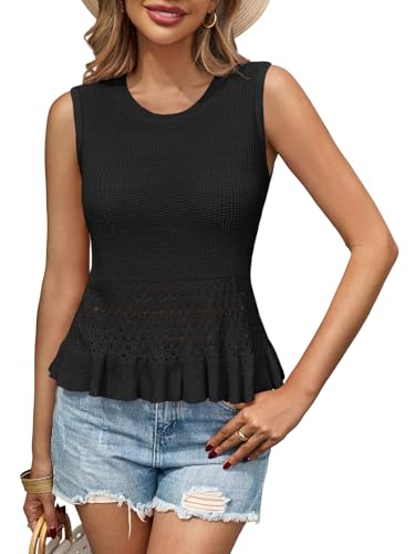 Image of Saodimallsu Womens Crochet Tank Top Sweater Vest | Sleeveless,Crew Neck,Pullover Top, Ruffle,Boho,Knit,Beach Vacation Outfits