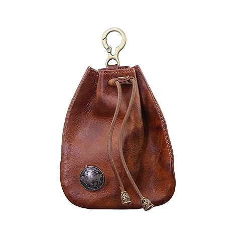 1Pcs Genuine Leather Drawstring Coin Purse Change Wallet Medieval Pouch Vintage Leather Coin Bag With Metal Clasp Mini Change Purse for Women Men (Light brown)