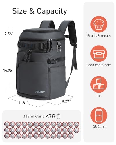 Image of TOURIT 38 Cans Backpack Cooler: Leak Proof Waterproof 2 Insulated Compartments Soft Cooler Bag Beach Travel Camping Picnic
