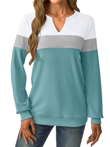 GKBK Womens Sweatshirts Long Sleeve Fall Tops Lightweight Color Block V Neck Cute Loose Casual Pullover — view 3