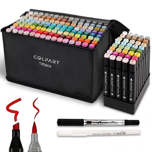 colpart 120+2 Colours Alcohol Markers Brush Tip Set Permanent for DrawingSketchingManga &Design Painting Dual Tip Brush & Chisel Art Marker Pens Colouring Painting for Adults