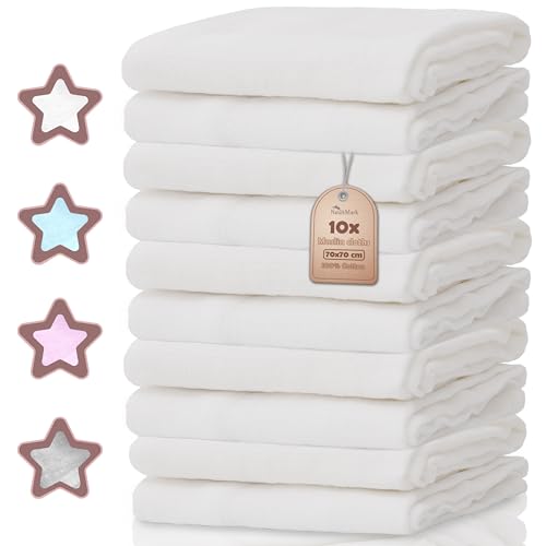 NatureMark 10-Pack Baby Muslin Cloths - 100% Cotton Burp Cloths - Soft and Absorbent for Nursing & Baby Care Washcloths - White 70 x 70 cm