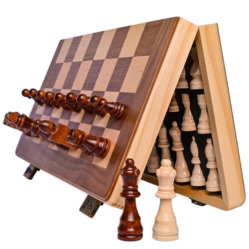 15 Inch Magnetic Wooden Chess Set for Adults & Kids - Folding Travel Chess Board with...