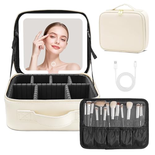 Reise Kosmetiktasche mit LED-beleuchtetem Spiegel Einstellbare Helligkeit in 3 Farben Reise-Schminktasche Tasche Damen Aufbewahrungstasche mit Trennwänden Pinselhalter-Tasche Schminkkoffer