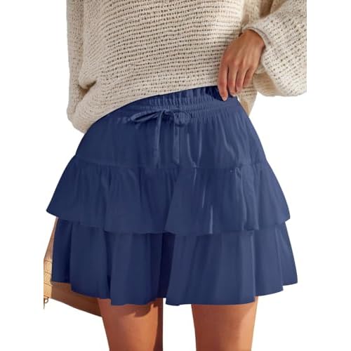 Shorts for Women Ruffled Tiered Pleated Mini Skirts Boho High Waist Flowy Comfy Tennis Golf Skorts Dark Blue XX-Large