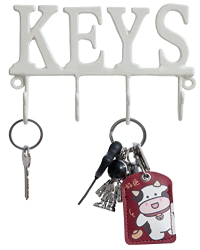 Colgador de llaves,Keys,Gancho de pared para colgar llaves,Organizador de llaves de hierro fundido,Estantería decorativa con 4 ganchos, llaves o toallas de mano, color blanco Cover