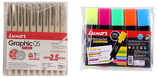 Image of Luxor Graphic Micro Pen Assorted Bopp Pouch (pack of 10 pen) 1852 Chisel Point Highlighter - Assorted Colors - Set of 5