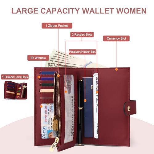 Image of yiijay Womens Wallet RFID Blocking Vegan Leather Trifold Clutch Credit Card Holder Ladies Travel Wallet Purse with Pen Holder, 1Wine Red, 6.3 x 4.1 x 1.3 inches, Rfid Wallet
