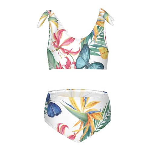 Girls Tropical Flowers and Butterflies Pattern Swimsuit Two Pieces Bikini Set Bathing Suits Swimwear Crop Top Swimsuit Set