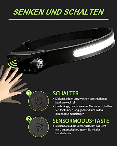 Stirnlampe LED Wiederaufladbar USB, Superheller 600 Lumen Kopflampe Stirnlampe, 230° Sensor Stirnlampe 5 Lichtmodi Leichte IPX4 Wasserdichte Stirnlampen, Perfekt Headlight für Joggen, Angeln, Laufen - Image 7