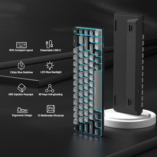 Image of MageGee Portable 60% Gaming Mechanical Keyboard, Minimalist MK-Box Ice Blue Backlit Compact 68 Keys Wired Office Keyboard with Blue Switch for Windows Laptop PC Mac Convenient(Black & Grey)