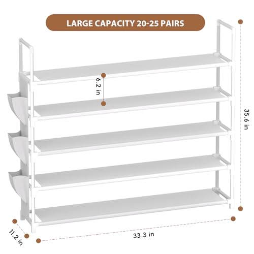 Image of OYREL 5 Tier Shoe Organizer, 33.3in Wide x 11.2in Deep x 35.6in Tall, Black Metal and Plastic Shoe Rack with Side Bag, Holds 20-25 Pairs of Shoes