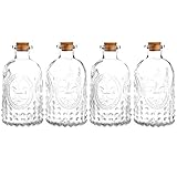 MyGift Vintage Embossed Clear Glass Bottles with Corked Lids, Set of 4