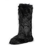 YXCFEWD Faux Fur Boots for Women Winter Knee High Furry Boots Fuzzy Fluffy for Girls Flat Snow Long Boots(Black, 11)