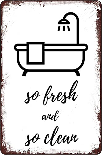Letrero de estaño con reglas de baño con texto en inglés 'So Fresh And So Clean', arte de pared imprimible, reglas de baño, letreros divertidos para decoración de pared, arte de pared rústico para