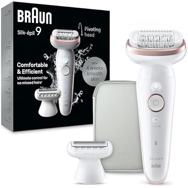 Braun Epilator Silk-épil 9, Hair Removal Device, Women Shaver & Trimmer, Pivoting Head, Wet and Dry Epilator, Includes Shaver Head and Trimmer Comb, SES9-030